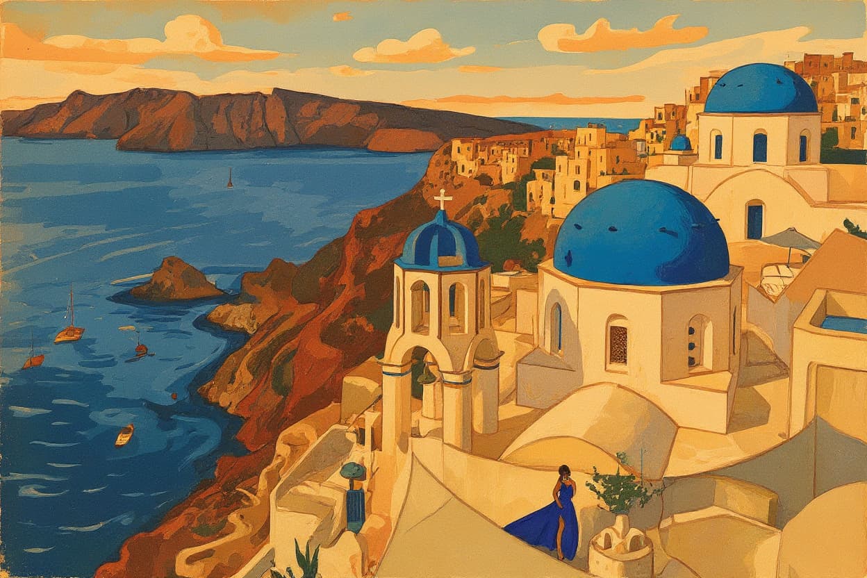 Santorini AI travel poster example